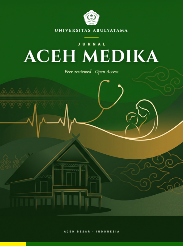 Cover of Jurnal Aceh Medika: a traditional Aceh house, a stethoscope with a heartbeat line, and a mother holding a child